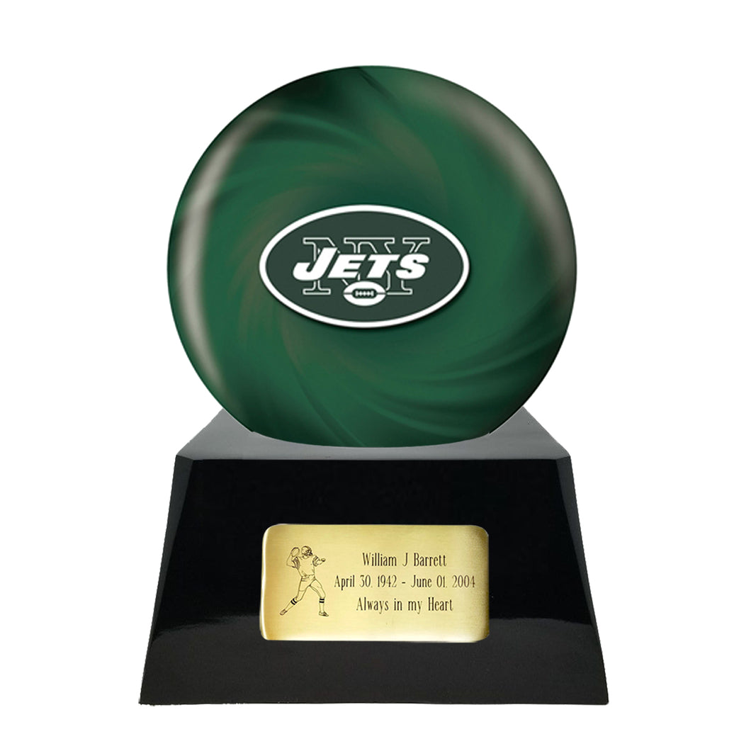 Football Cremation Urn and New York Jets Ball Decor with Custom Metal Plaque