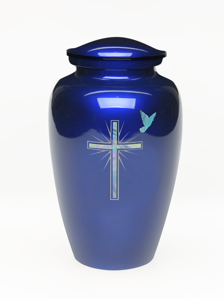 Elegance Series Blue Mother Of Pearl Cross Adult Cremation Urn - Memorials4u