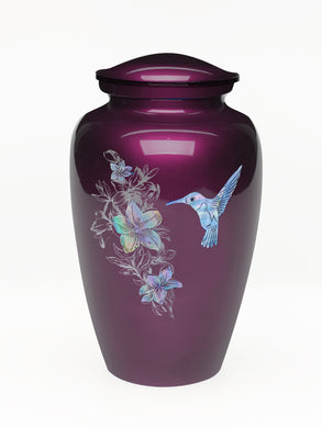 Elegance Series Burgundy Mother Of Pearl Hummingbird Adult Cremation Urn - Memorials4u