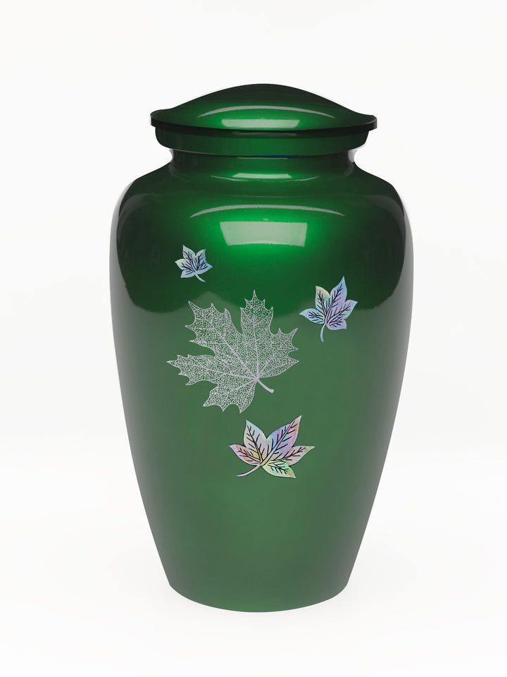 Elegance Series Green Mother Of Pearl Autumn Leaf Adult Cremation Urn - Memorials4u