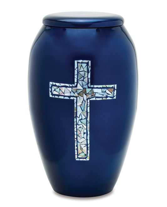 Blue Cross Mother Of Pearl Cremation Urn - Memorials4u