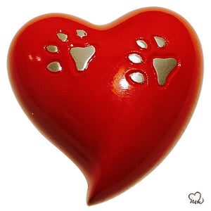 Pet Urn - 2 Paw Print Pet Keepsake Heart-Shaped Urn in Red - Memorials4u