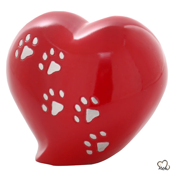 Pet Urn - 5 Paw Print Pet Keepsake Heart-Shaped Urn in Red - Memorials4u