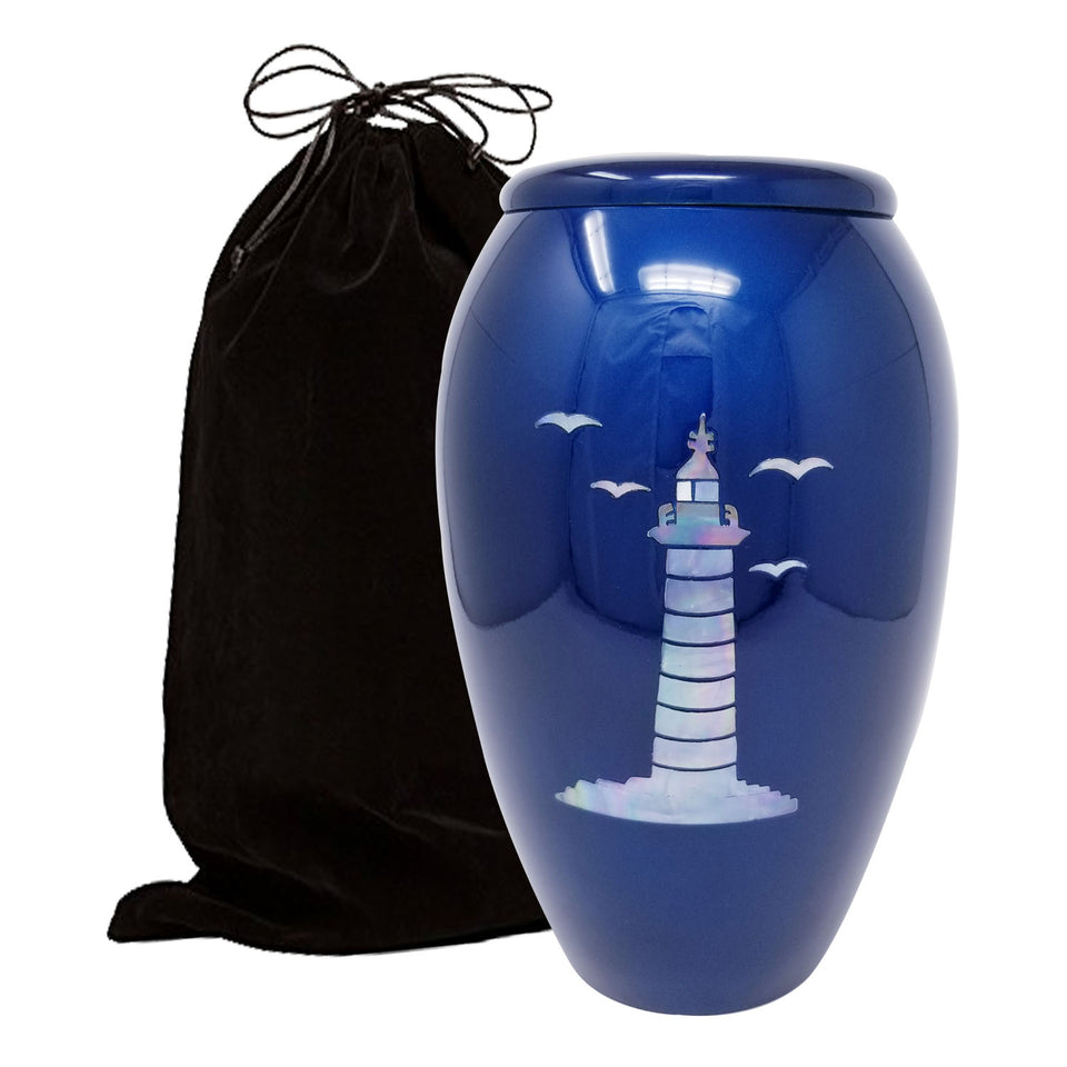 Blue Lighthouse Mother Of Pearl Cremation Urn - Memorials4u