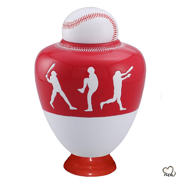 Red & White Baseball Sports Cremation Urn - Memorials4u