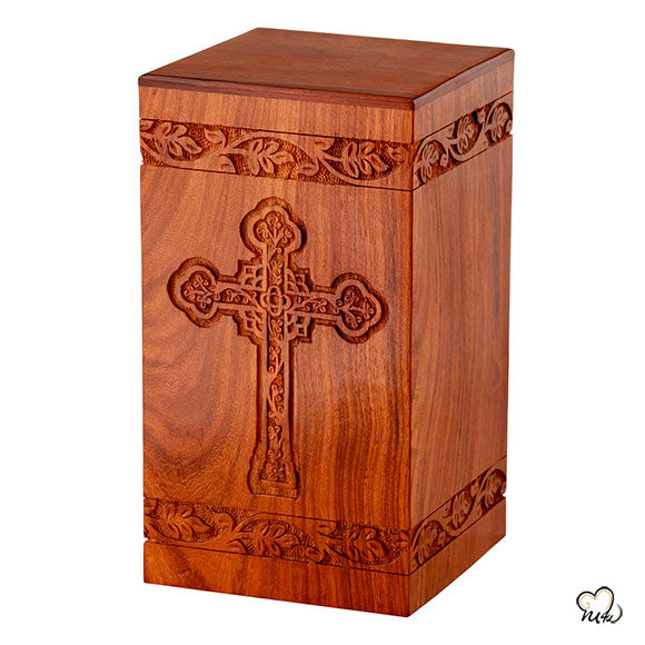 Solid Rosewood Cremation Urn with Engraved Cross - Memorials4u
