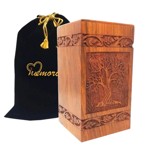 Soulful Tree wooden urns - handcrafted decorative wood urns - handmade wooden cremation boxes - wood urns for human ashes with bag