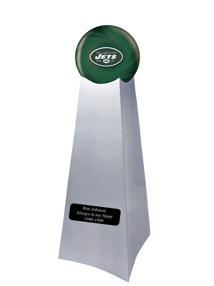 Championship Trophy Cremation Urn with Optional Football and New York Jets Ball Decor and Custom Metal Plaque - Memorials4u