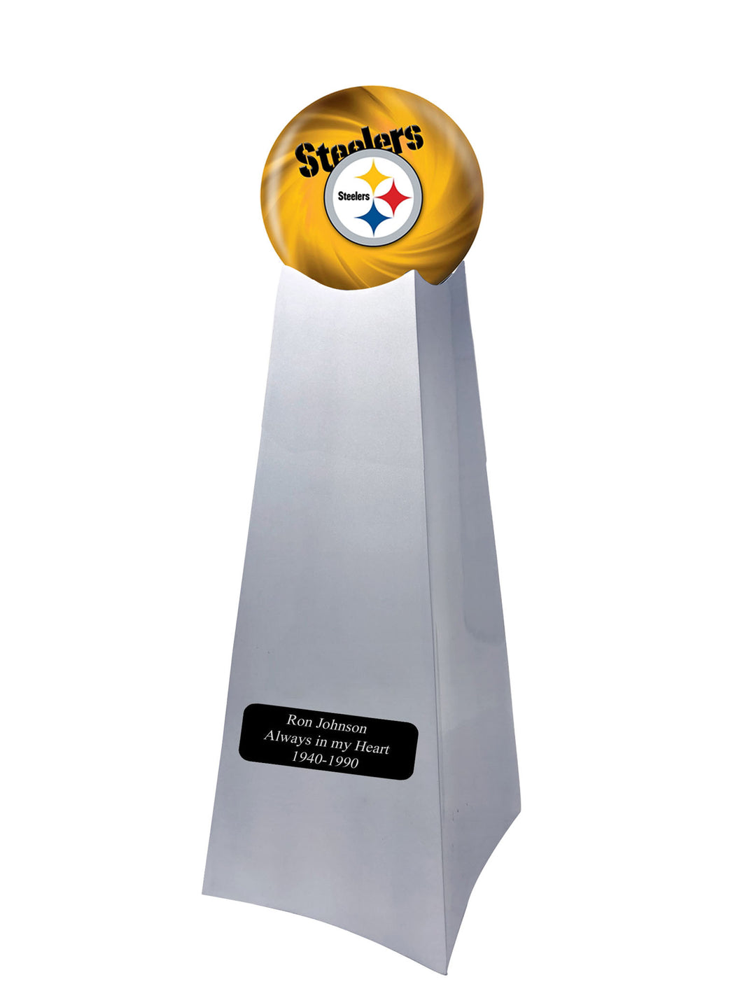 Championship Trophy Cremation Urn with Optional Football and Pittsburgh Steelers Ball Decor and Custom Metal Plaque - Memorials4u