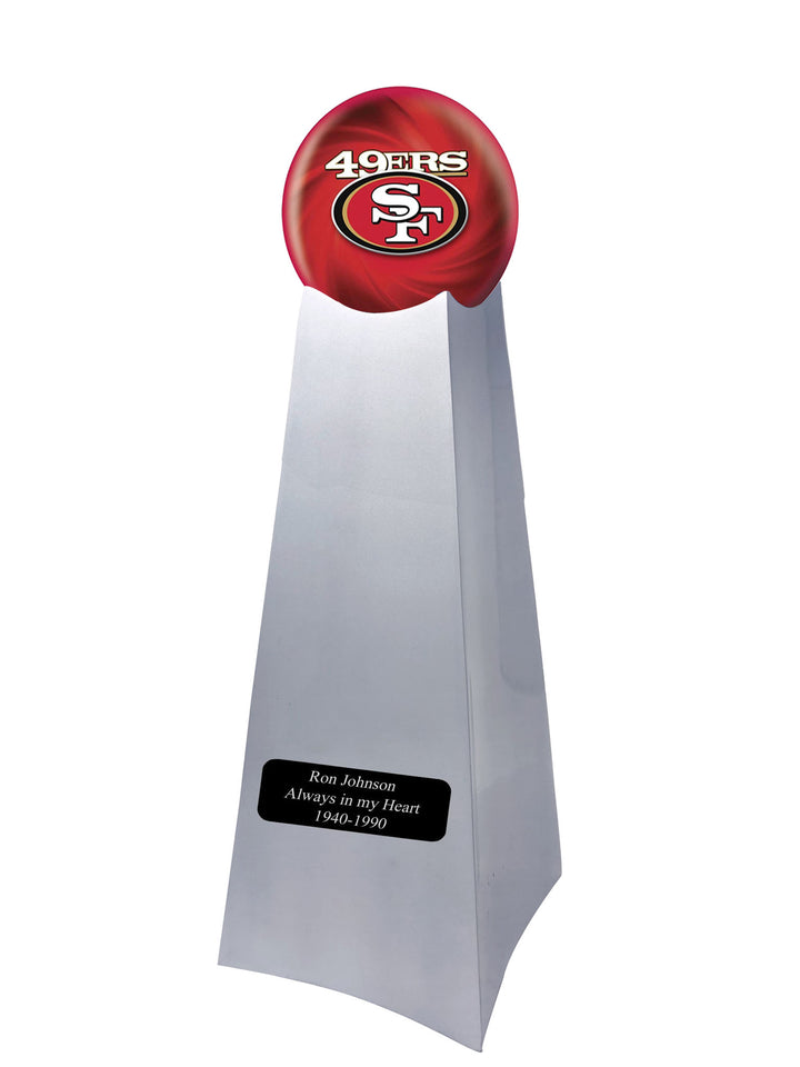 Championship Trophy Cremation Urn with Optional Football and Sanfrancisco 49ERS Ball Decor and Custom Metal Plaque - Memorials4u