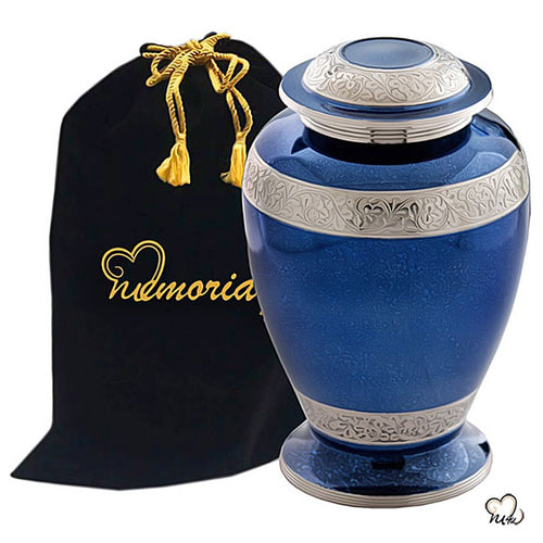 Palatinate Blue Urn for Ashes - Large-Sized Palatinate Blue and Silver Unique Urn for Human Ashes With Free Bag - Memorials4u